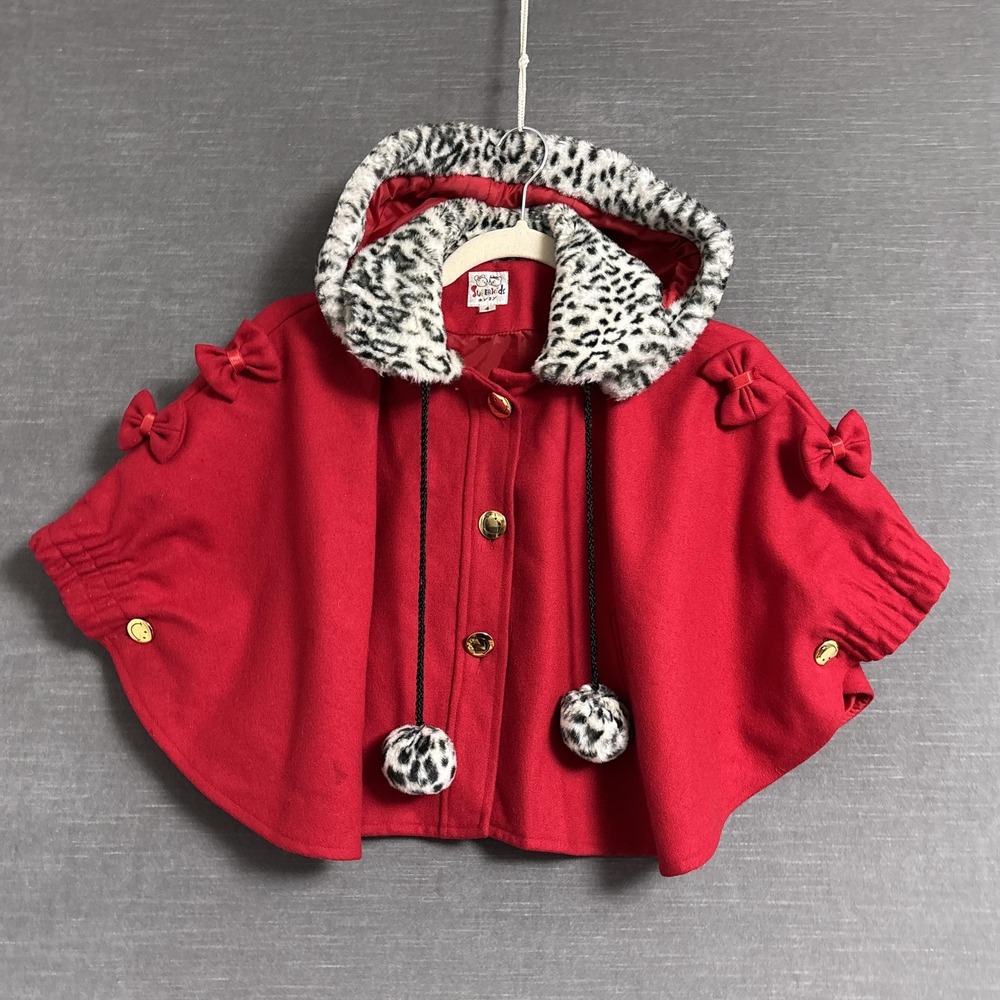 Vintage Superkids Cape Coat Girls 4 Red Leopard Faux Fur Hood Bows Christmas
